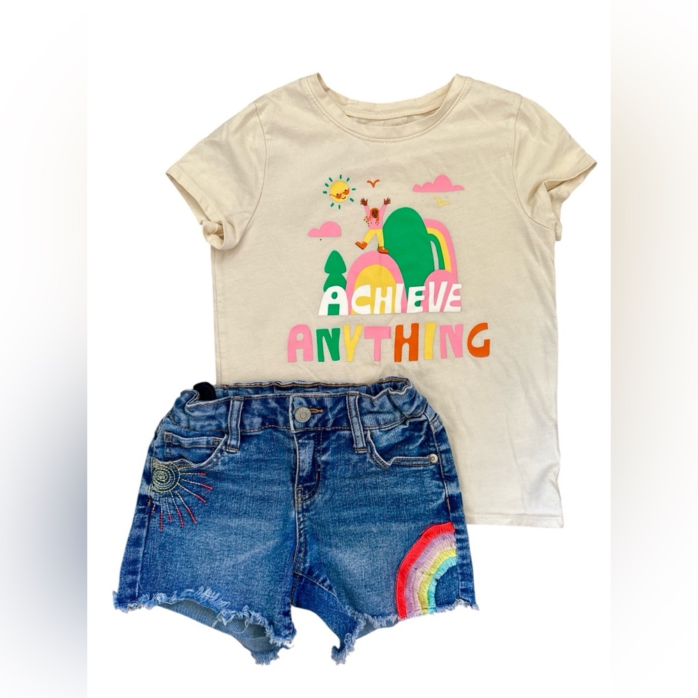 Cat & Jack Yellow Tee with Colorful Graphic and Jean Shorts (7/8) BUNDLE